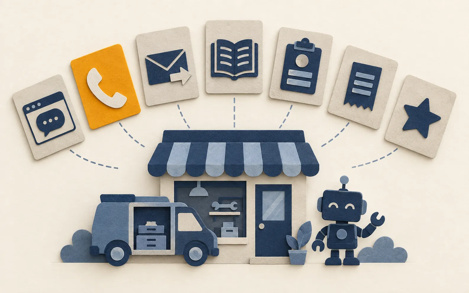 Cut-paper AI chatbot applications for small businesses, showing website chat, missed calls, inbox triage, staff knowledge, quotes, receipts and reviews