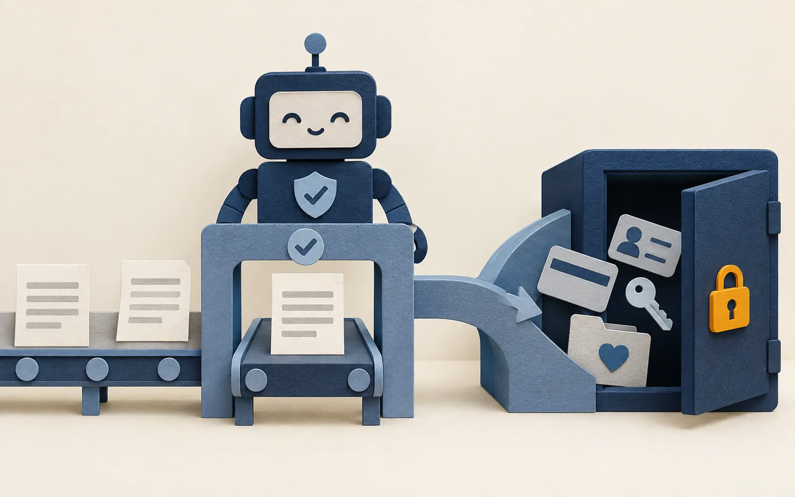 Cut-paper AI chatbot data-safety gate for a small business, diverting bank cards, keys and personal records into a locked vault