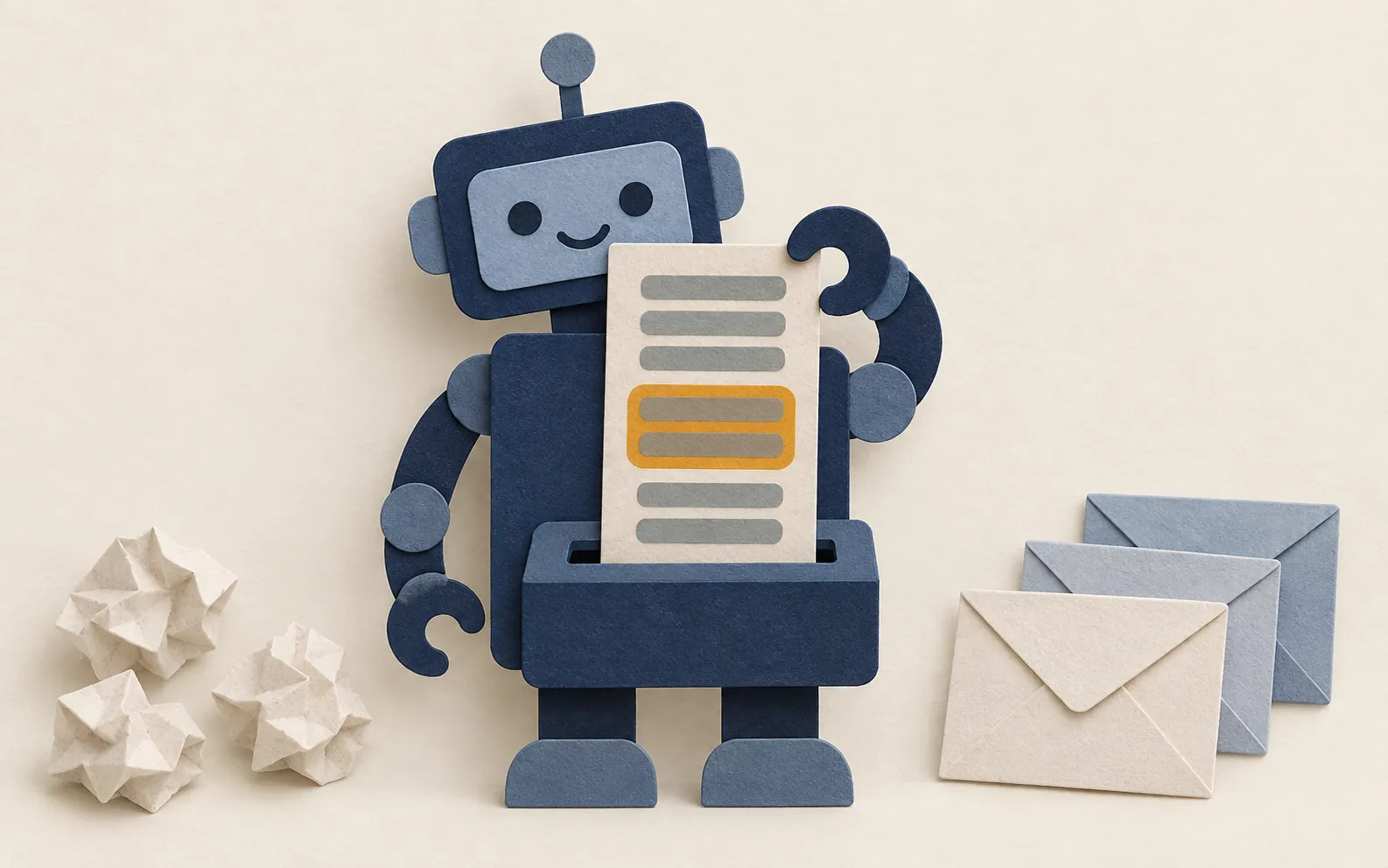Cut-paper AI chatbot instruction template being inserted into a robot to produce consistent small-business customer replies
