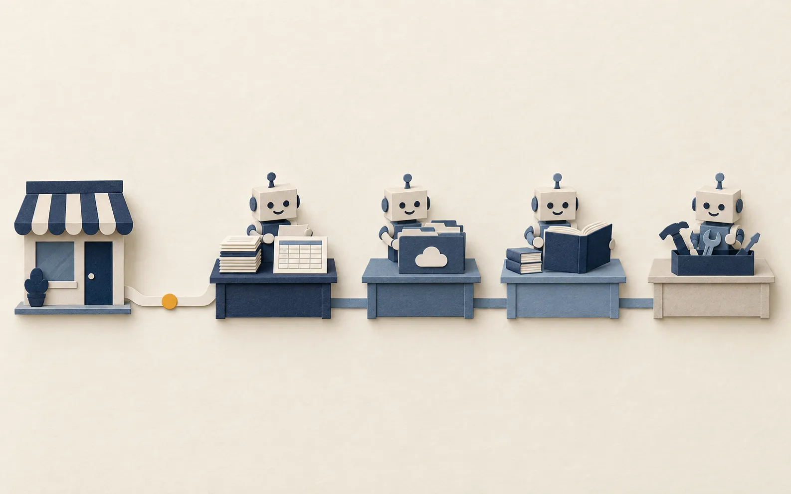 Cut-paper comparison of four AI chatbots for small businesses, with an amber path linking a shop to the assistant that fits its existing tools