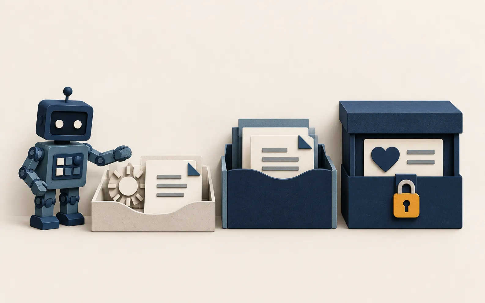 Cut-paper trays in three heights showing open, careful and locked categories of data, with a robot waiting beside the open tray and an amber padlock on the locked one
