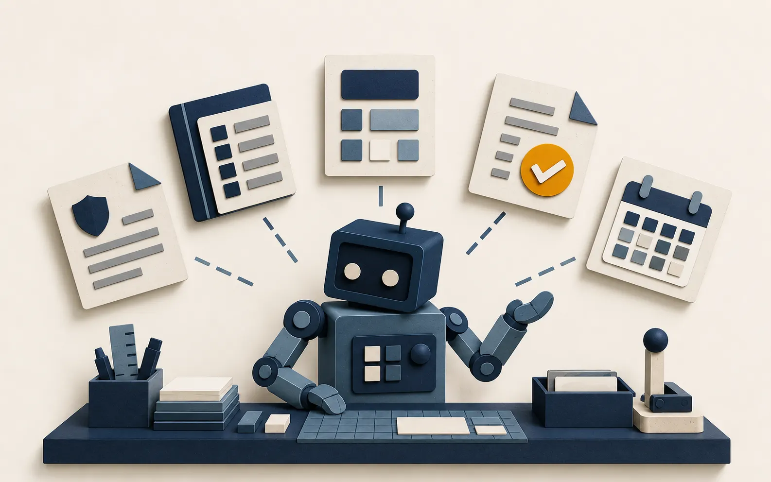 Cut-paper applications of practical AI support, showing a policy sheet, a tool register, prompt templates, an approval step and a review calendar