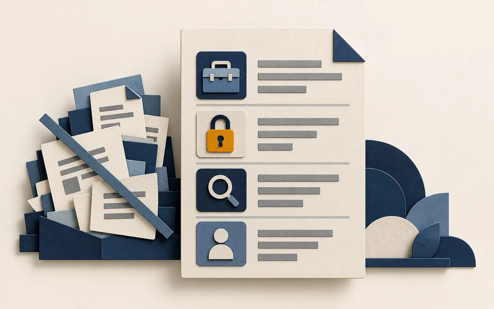 Cut-paper one-page policy sheet with sections for tools, locked data, checking and people, in front of a pile of longer documents set aside