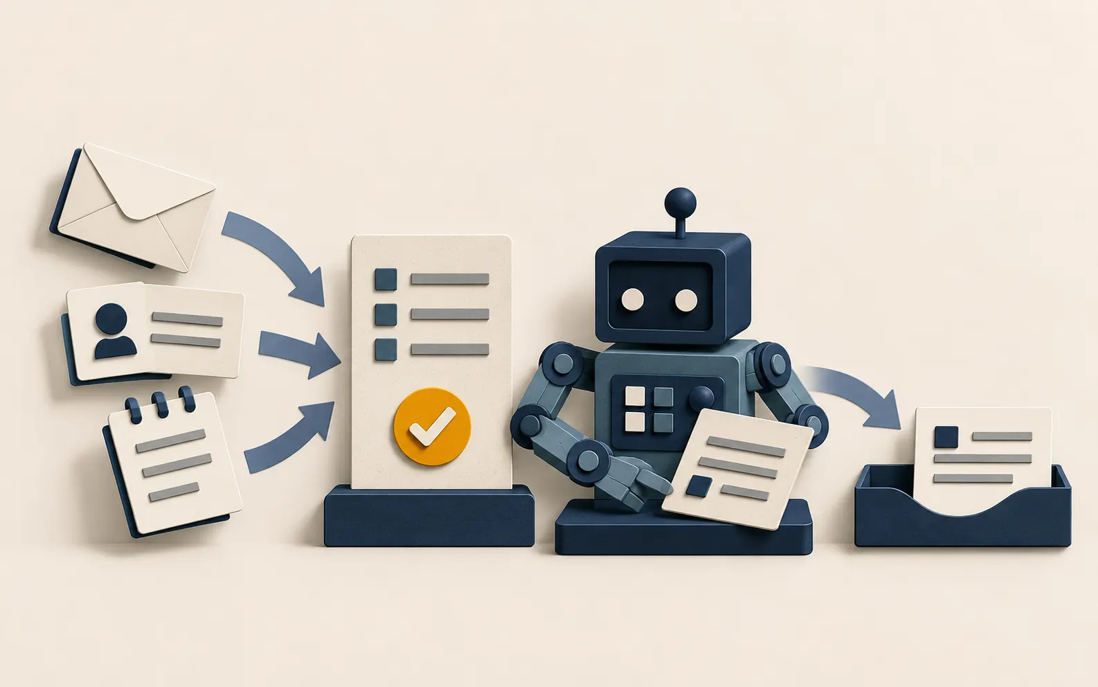 Cut-paper scene of loose customer papers passing a single policy sheet with an amber tick before reaching a friendly robot, with a tidy document leaving on the right