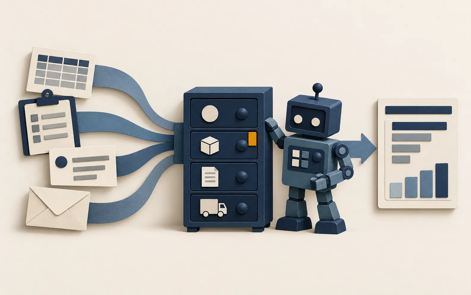 Cut-paper scene of separate spreadsheets, clipboard and notes being joined into one tidy business system with a single amber tab on the first area to start