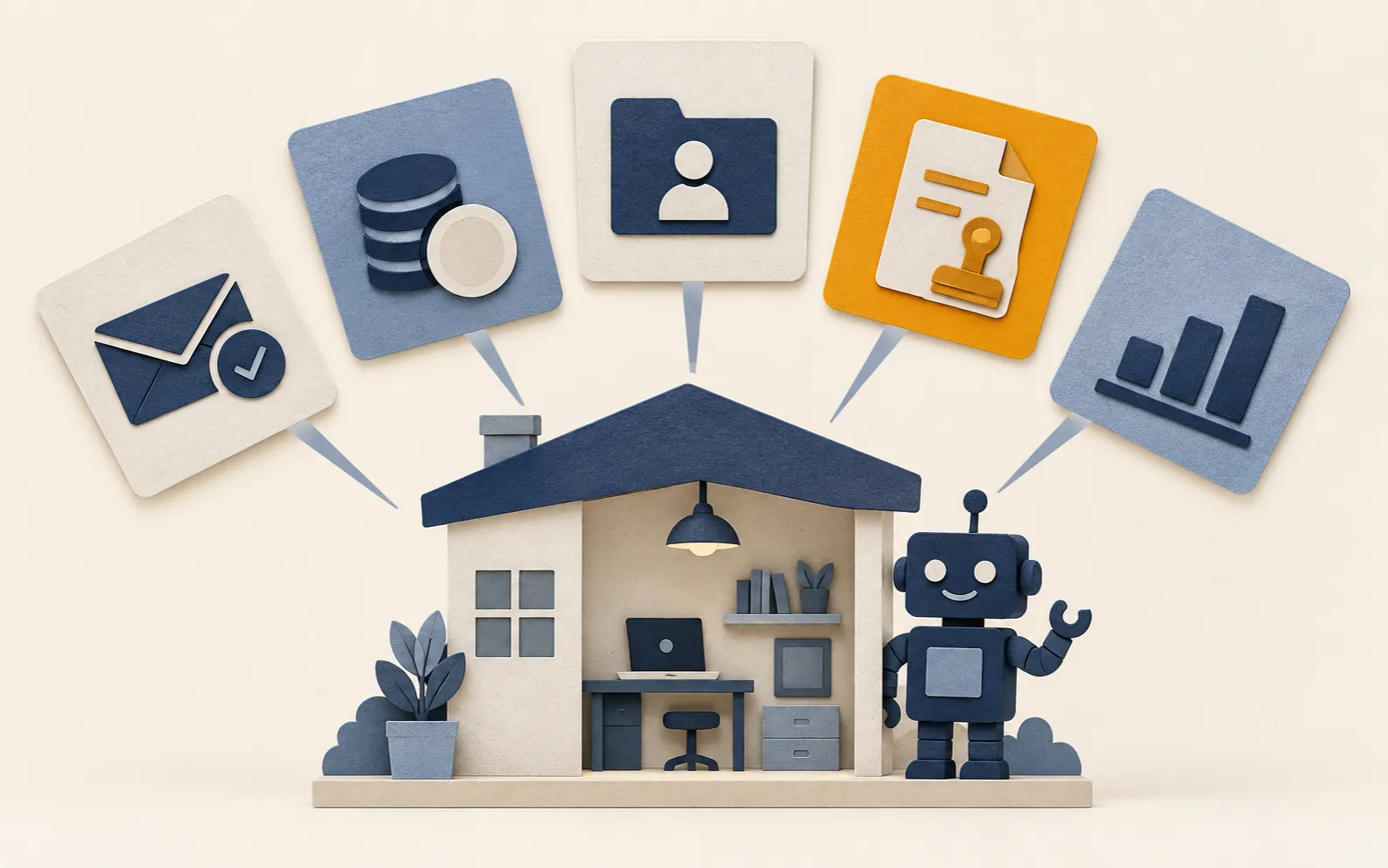Cut-paper workflow automation applications for a small business, showing enquiry follow-up, invoice chasing, onboarding, approvals and reporting