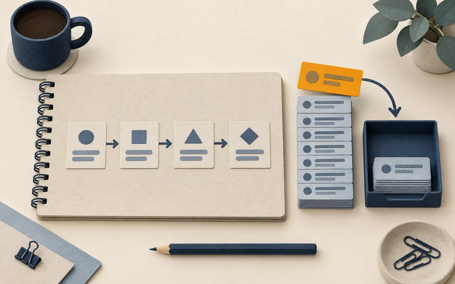 Cut-paper notebook page mapping a first small-business workflow, with one task card from a sorted stack highlighted in amber