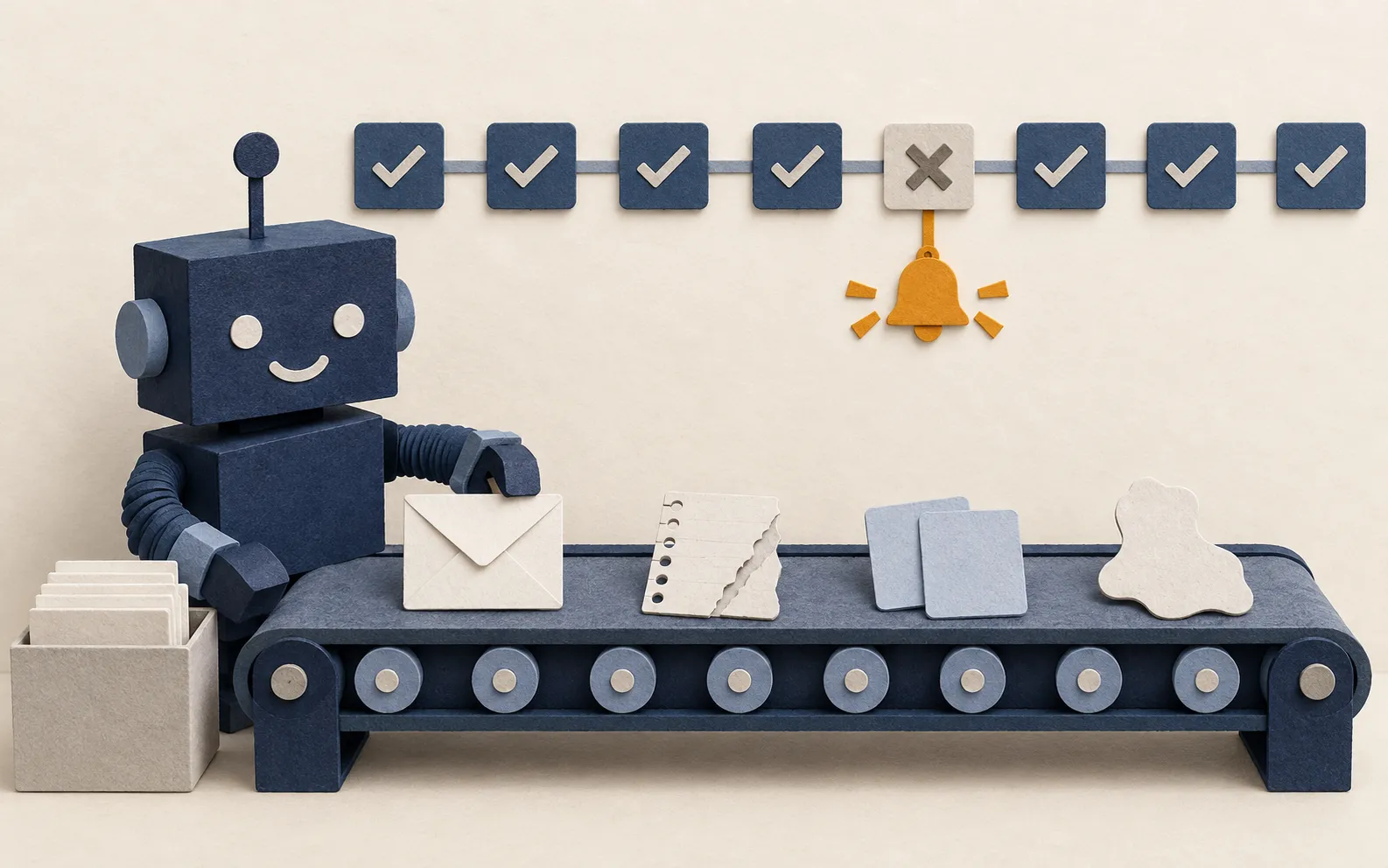 Cut-paper robot testing an automation with clean, torn and duplicated inputs while a run history strip flags one failure in amber