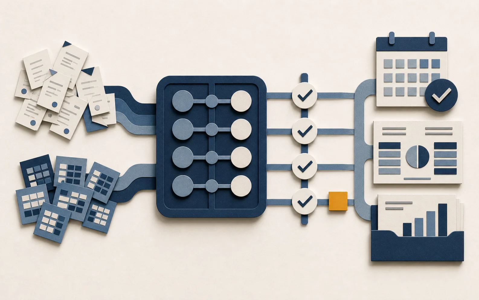 Cut-paper finance records passing through reconciliation matching and control checks into a completed close and management report