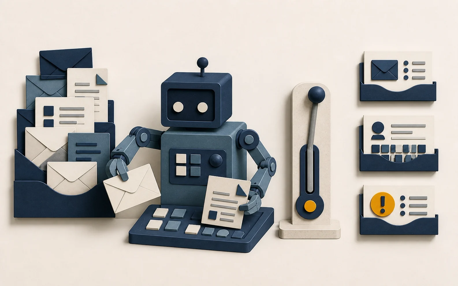 Cut-paper robot sorting emails and documents before work passes through a human approval control