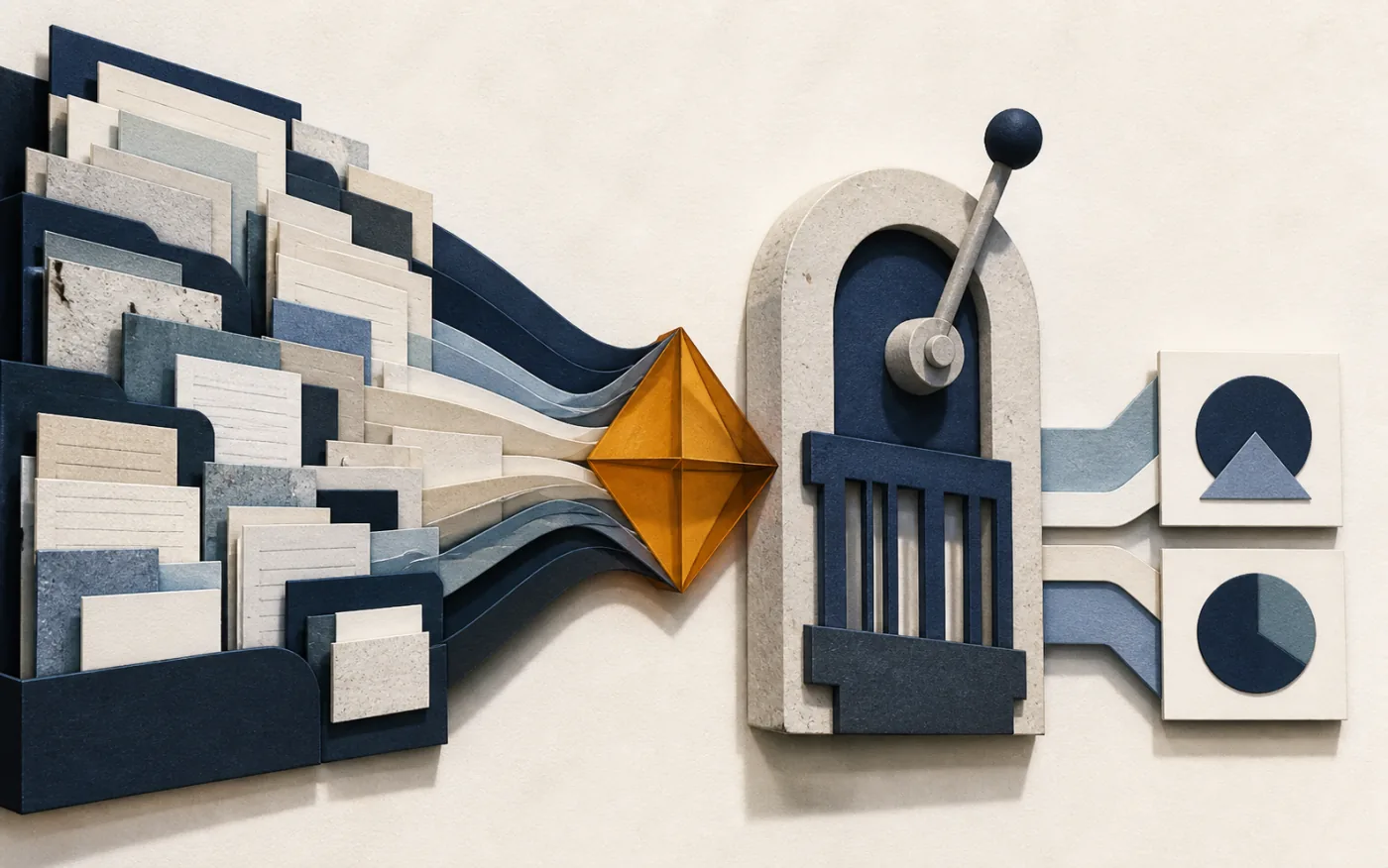 Cut-paper source library passing through an organising prism and review gate
