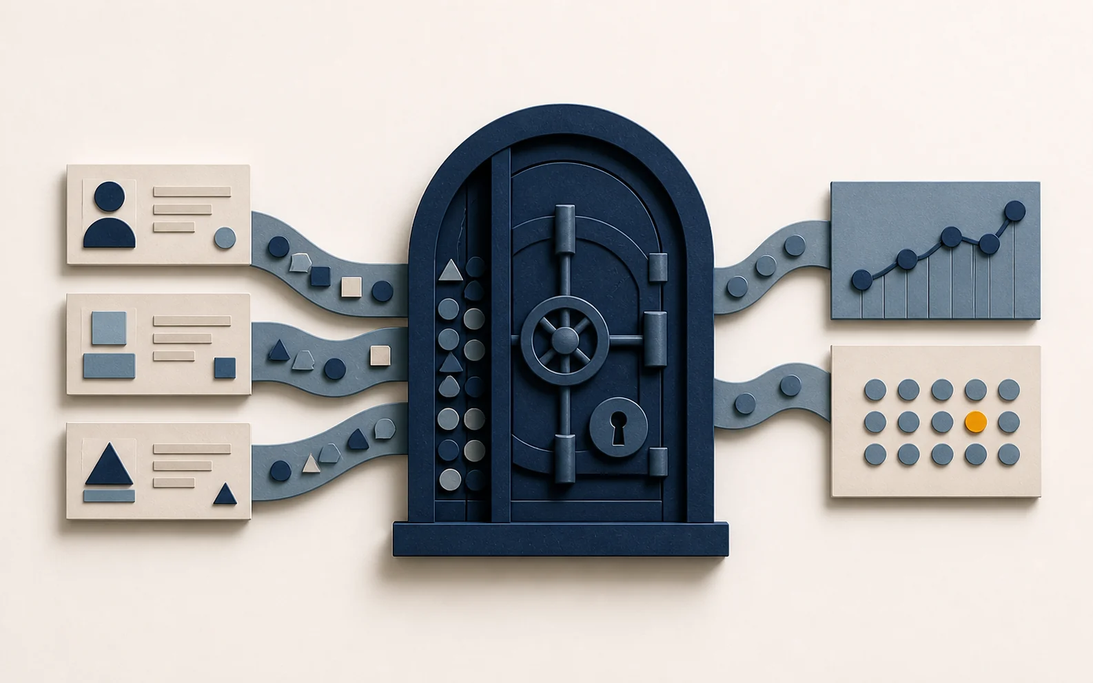 Cut-paper privacy vault protecting personal records while anonymous signals form aggregated business insights