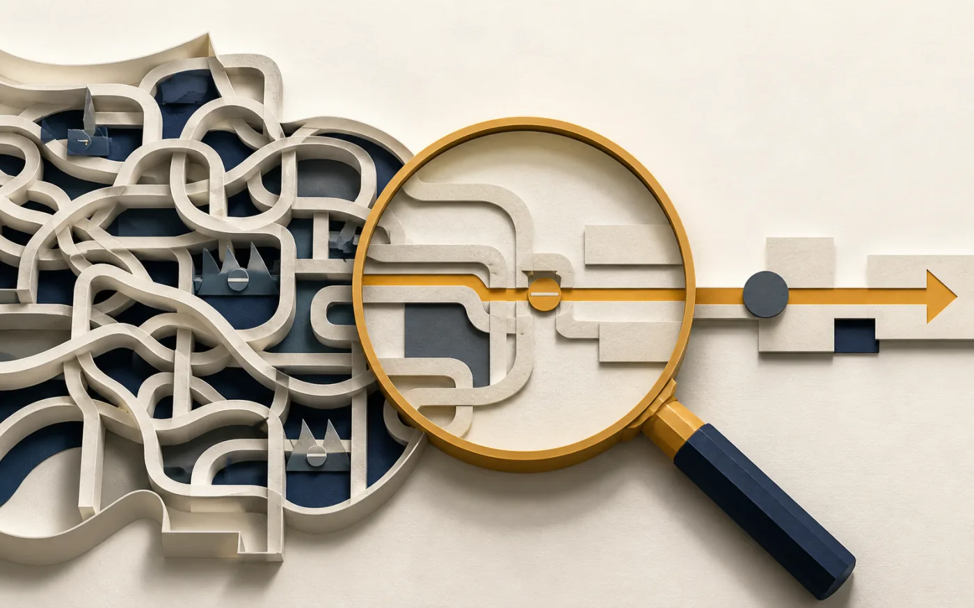 Cut-paper maze examined through a magnifying glass to reveal a clear route