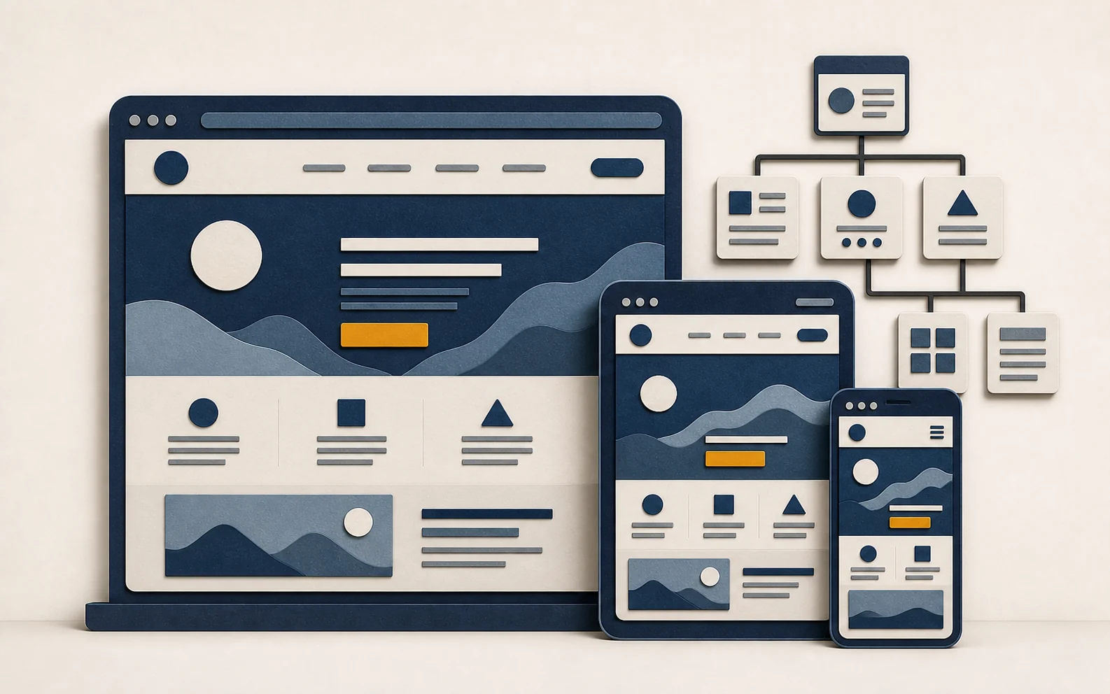 Cut-paper responsive website shown across desktop, tablet and mobile layouts with a connected page structure