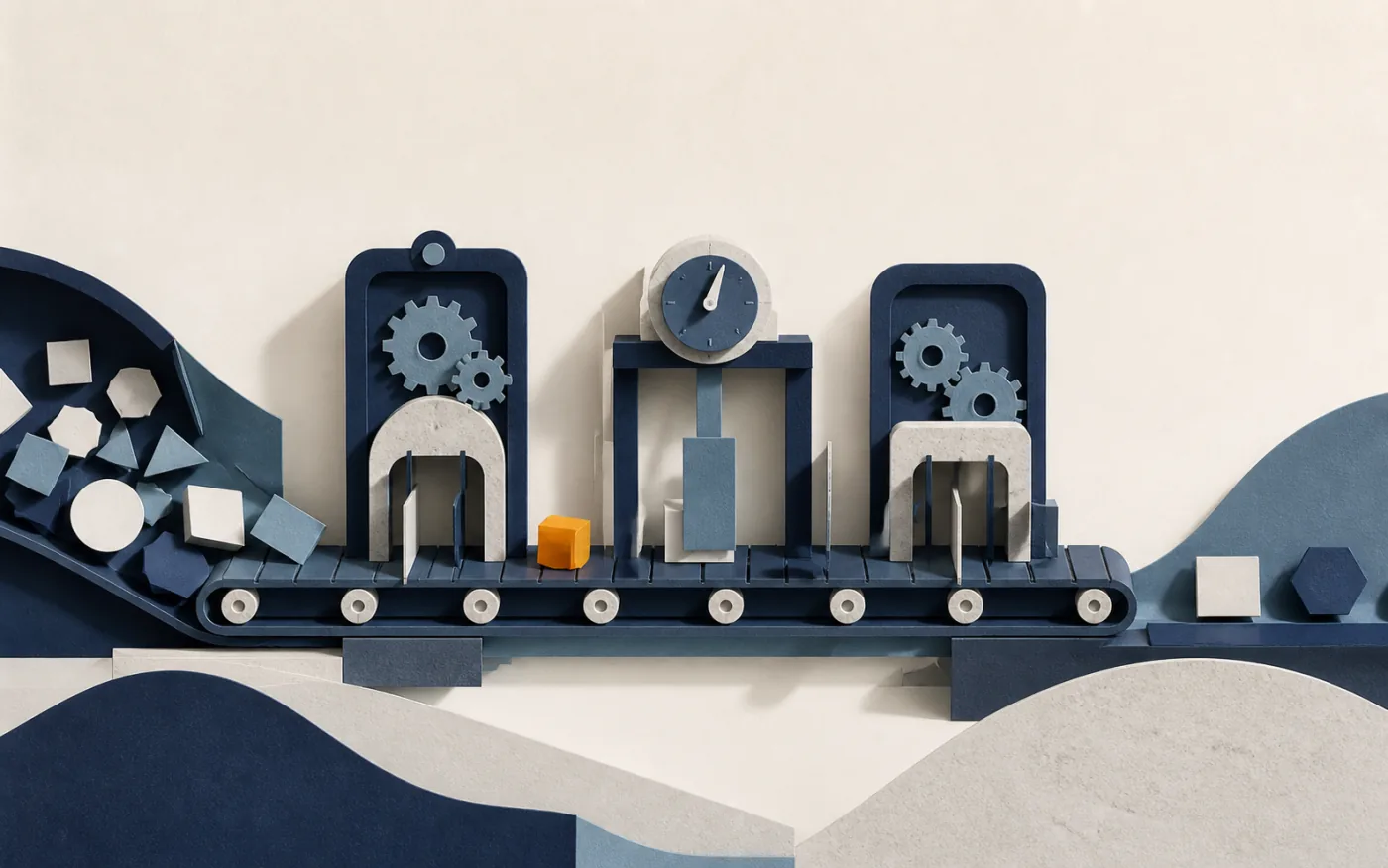 Cut-paper conveyor moving tasks through gears and timed automation stations