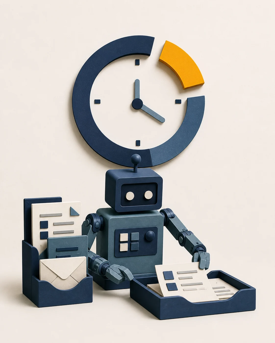 Cut-paper robot handling repetitive business admin beneath a clock with an amber segment representing time returned